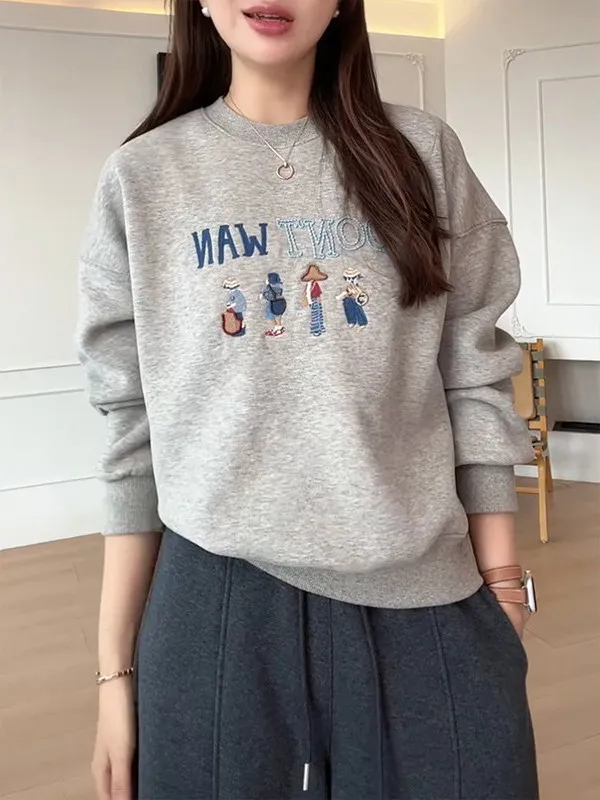 

Gray Fleece-Lined Embroidered Sweatshirt Women's Loose Long Sleeve round Neck Spring 2026 plus Size Fashionable Versatile Top