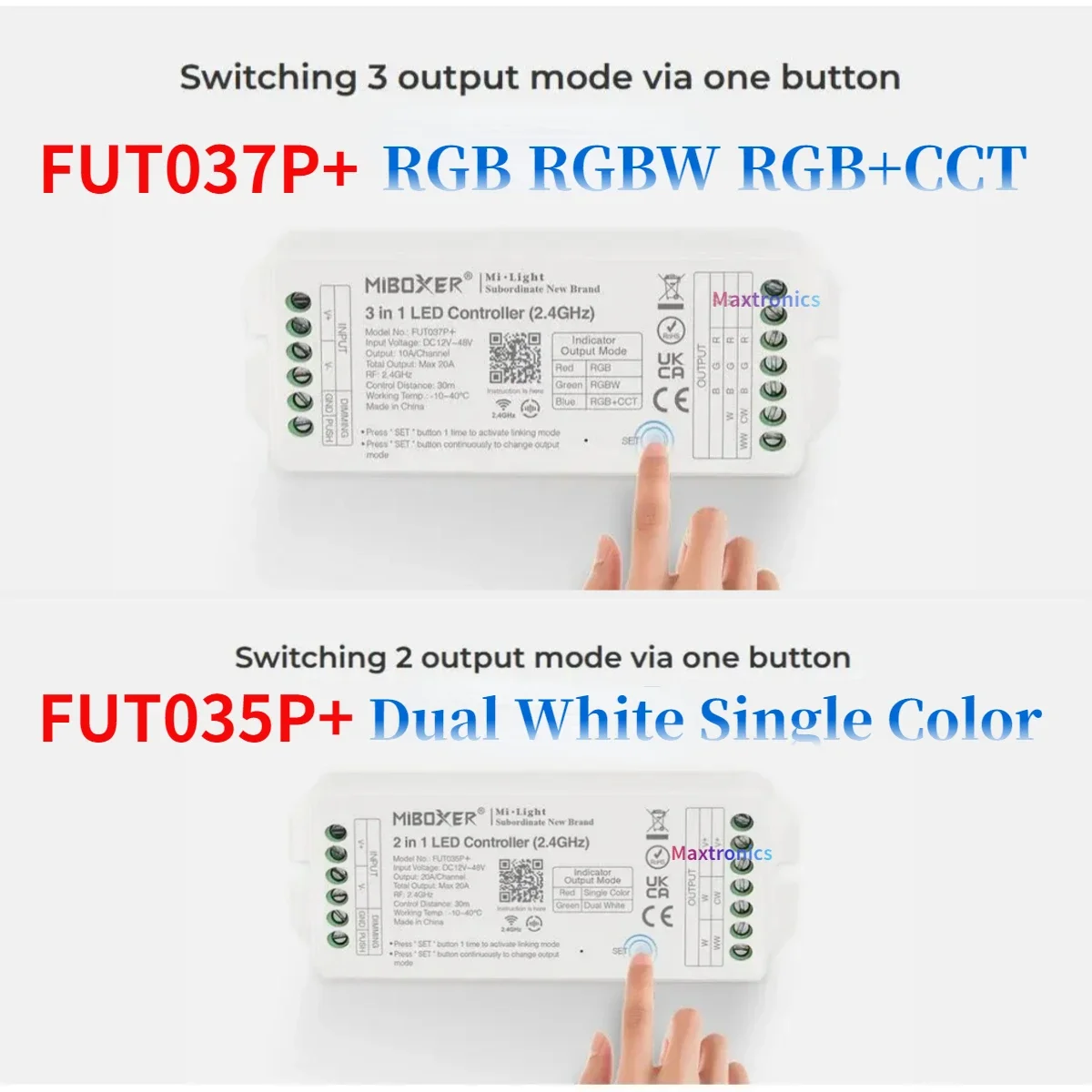 

DC12V-48V Miboxer FUT035P+ / FUT037P+ LED Controller 2.4GHZ MAX 20A for Dual White Single Color / RGB RGBW RGB+CCT LED Lamp