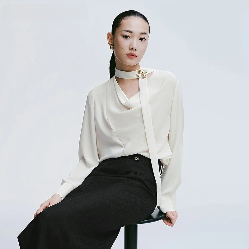 

Red Sve 2025 Spring New Women's Pure Color Sa Layered Neline Overhead Chiffon Top Commute Sle Long Sve Regular Le...