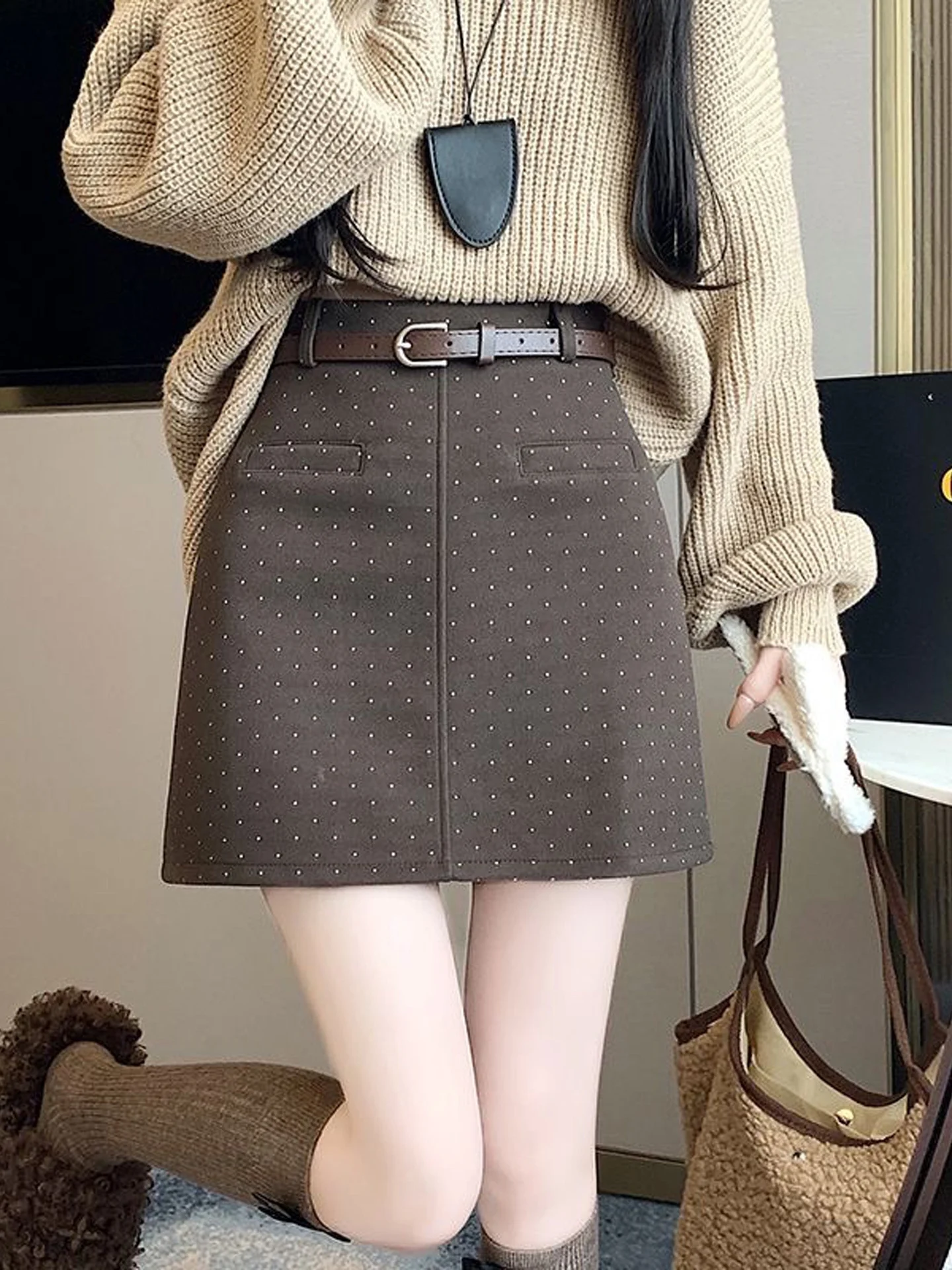 Korean Style High Waist A-Line  Skirt Women's Checkered Woolen Half-length Skirts Fashionable Slimming Short Skirts