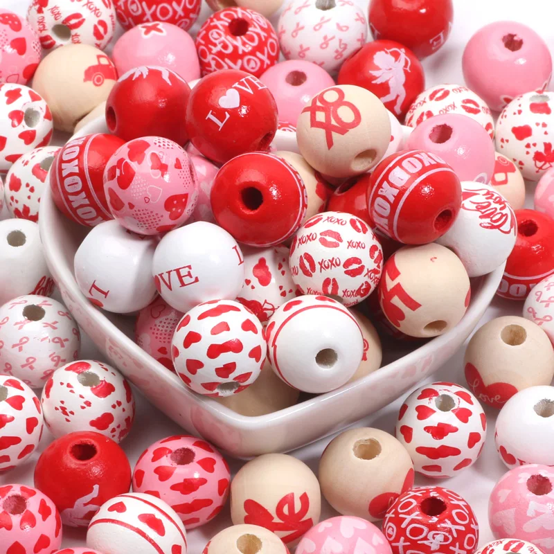 40pcs 16mm Valentine\'s Day Natural Wood Beads Round Spacer Wooden Beads For Diy Bracelet Earring Jewelry Making Supplies