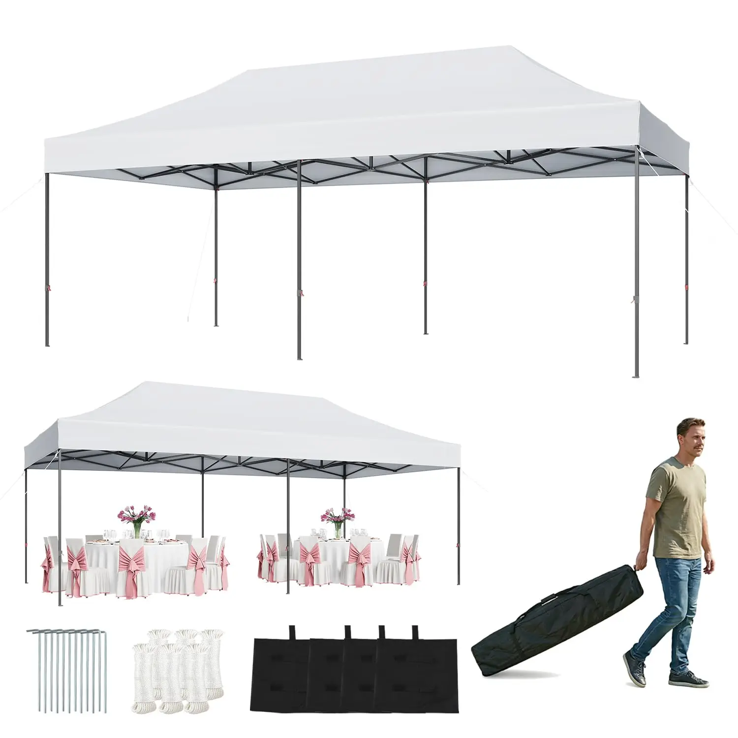 10x20 Pop Up Canopy Tent with Roller Bag, Instant Setup Tent for Wedding Camping, UV & Waterproof Heavy Duty Frame, Customized