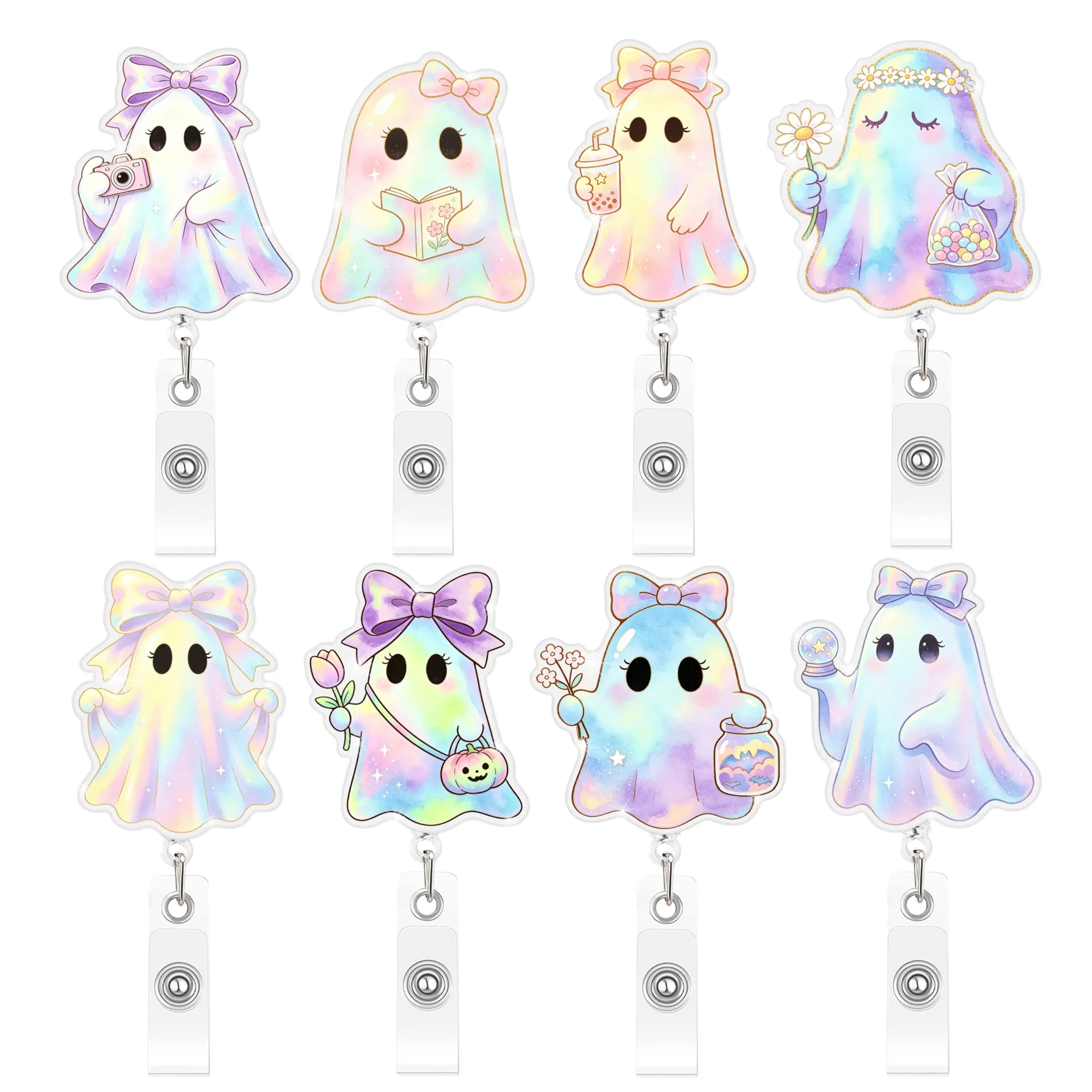 2026 New Design Gold Gradient Anime Ghost BOO Retractable Nurse Badge Reel Halloween Name Tag ID Card Holder Alligator Clip