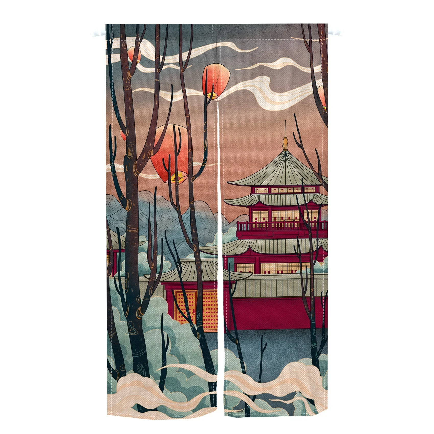 Japanese Architecture Tower Door Curtain Fuji Landscape Kitchen Partition Ukiyo-e Linen Curtain Living Room Room Half Curtains