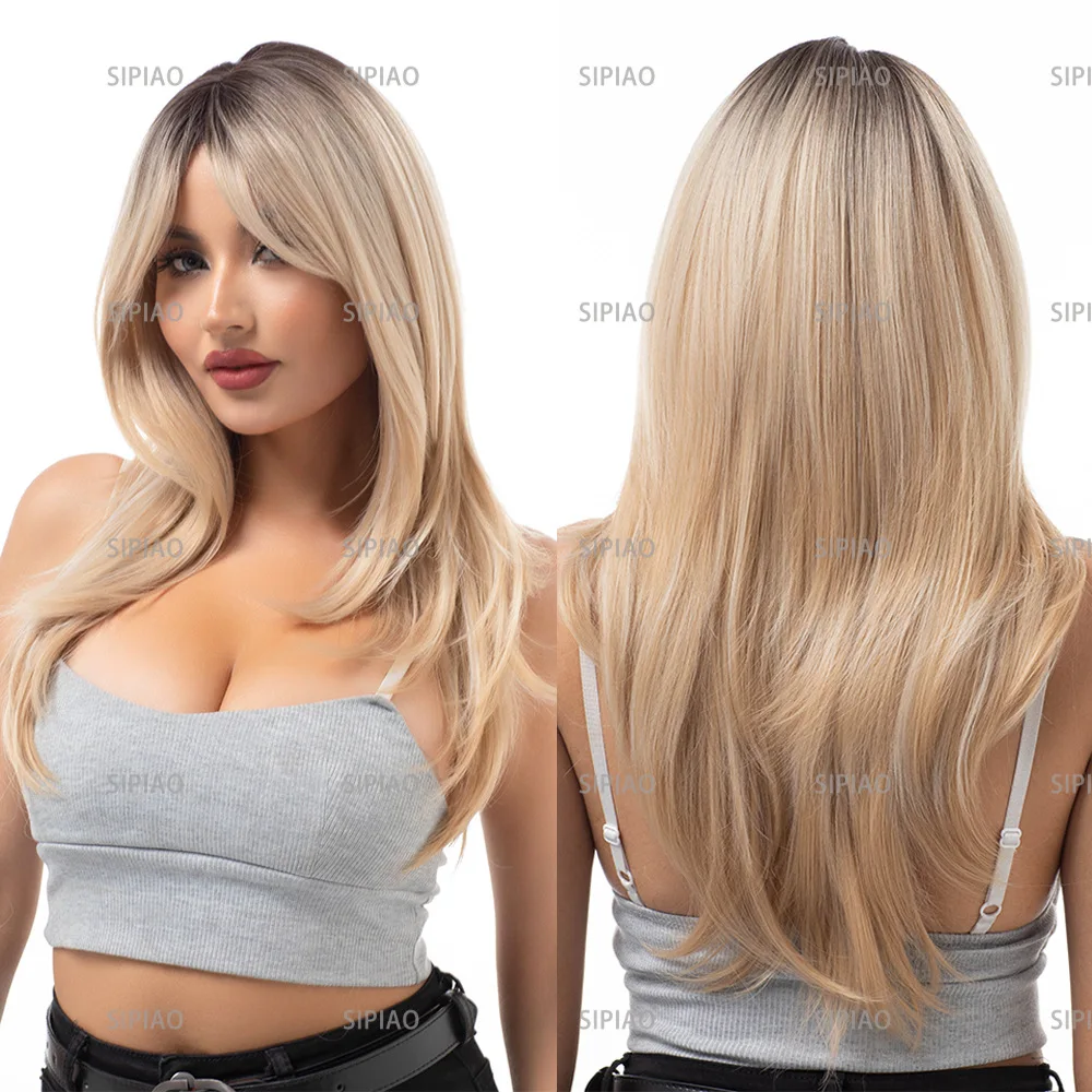 

Full head cover gradual change multi-color eight-character bangs medium long straight clavicle hair wig female