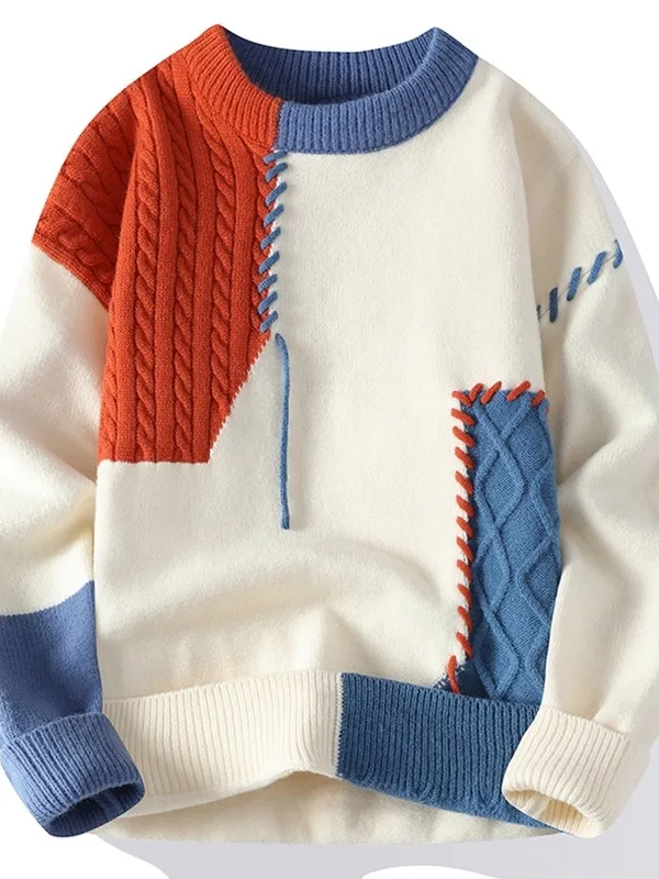 

Men's round Ne Knitwear Warm Splicing Color Blo Loose plus Size Winter Sweater Comfortable Soft Polyester Casual Sle