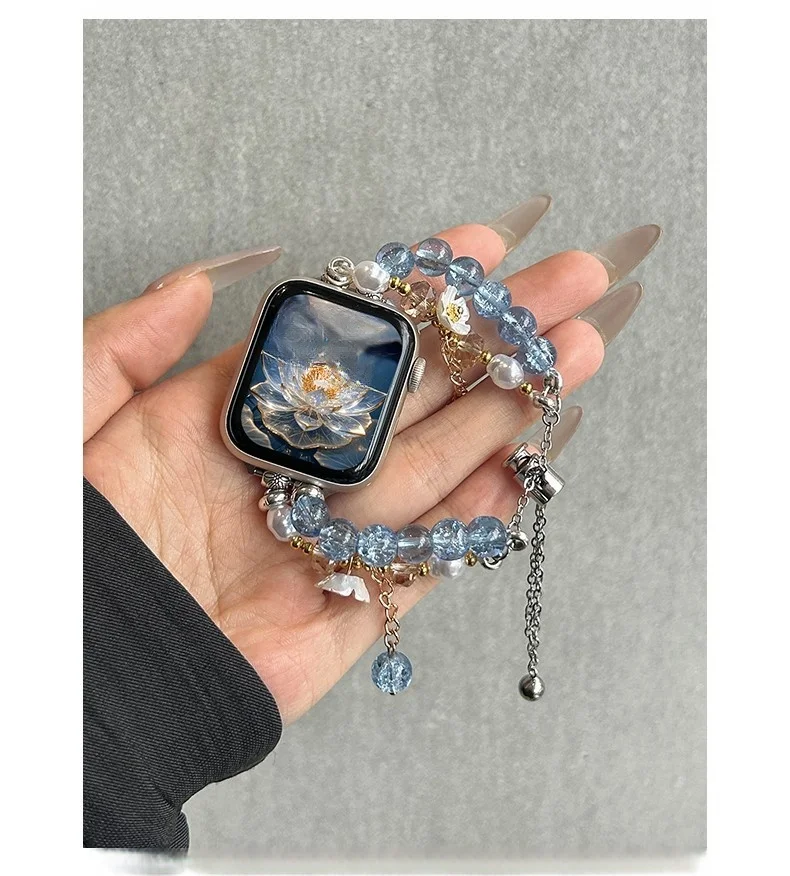 

Ремешок для iWatch с синими цветочными бусинами, совместимый с размерами 38 мм, 40 мм, 41 мм, 42 мм, 44 мм, 45 мм, 49 мм, модный ремешок.