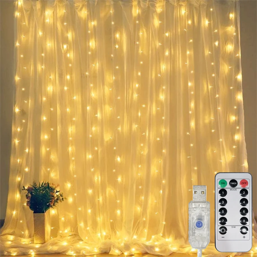 

USB 8 Modes LED Curtain String Lights with Remote Control Bedroom Holiday Wedding Party Birthday Decor LED Fairy Garland Lamp