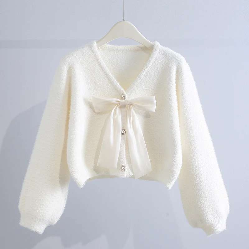 Short Imitation Mink Fur Sweater Jacket Stylish Age Reducing Loose Bow Knit Cardigan 2024 Autumn Winter New Style Women Top