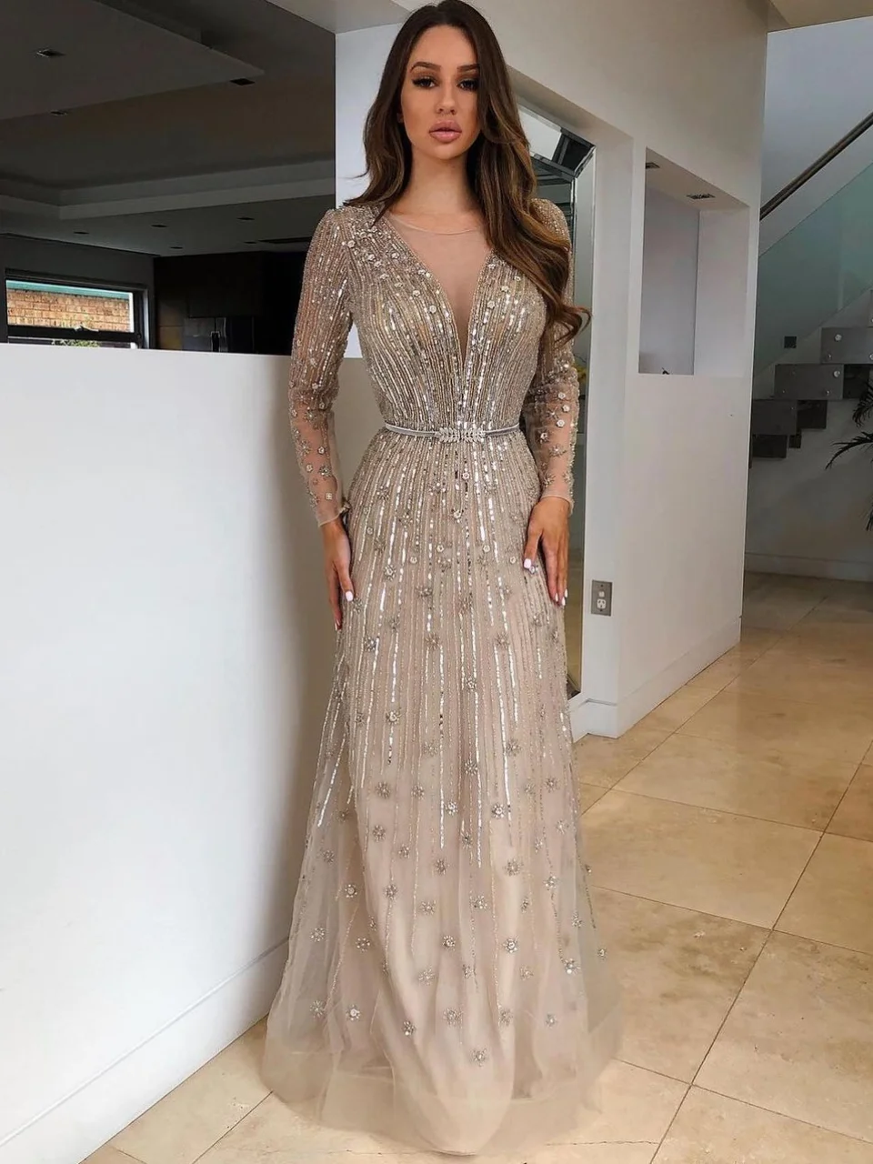 MYMB Champagne Long Sleeves Elegant Muslim Evening Dress for Wedding Party Dubai Luxury Beaded A-Line Women Ball Gowns DSL62533