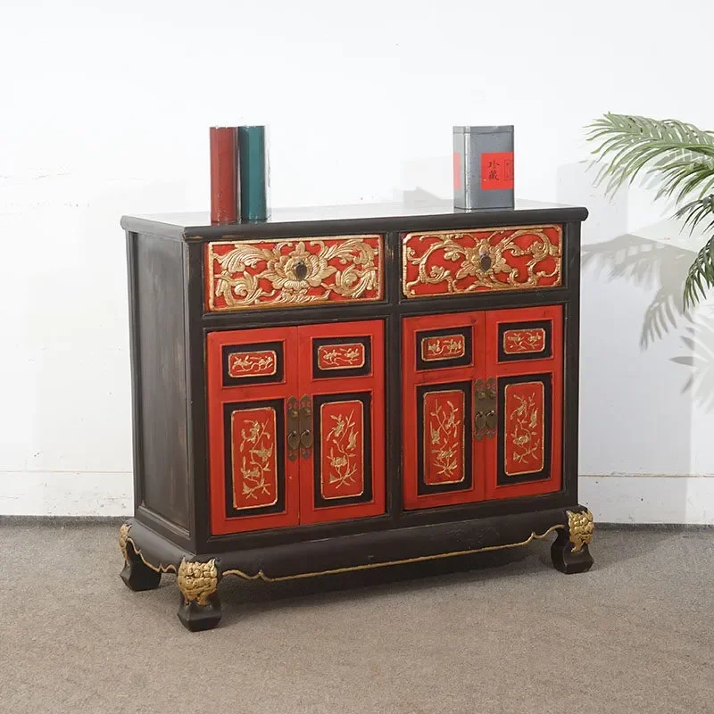 Retro Nostalgic Gold Painted Red and Black Bookcase Storage Cabinet Ming Qing Classical Antique Furniture Old Tea Cabinet