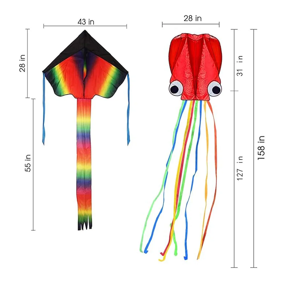 2-piece kite - Large rainbow kite and red mollusk octopus with long colorful tails, perfect for children's outdoor games, activi