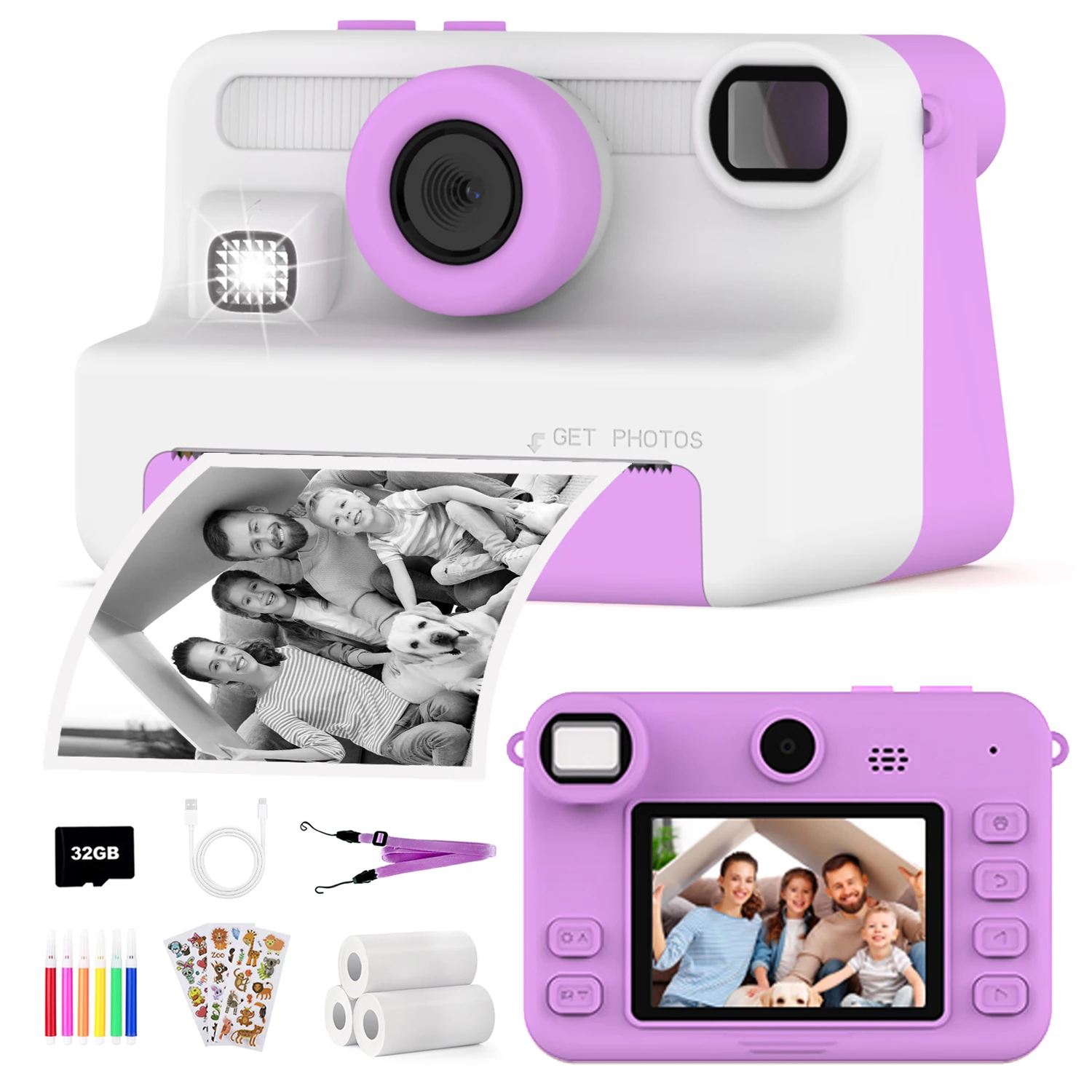 Kids Camera Instant Print Portable Mini Printer Digital Camera for Children 32G Memory Card Toys Camera Boys Girls Birthday Gift