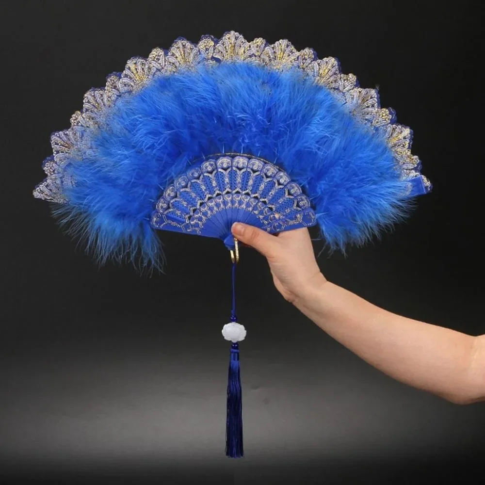 Abanico plegable de plumas de Lolita, abanico de mano de danza de corte gótica oscura japonesa dulce Hada con colgante, regalo, decoración para fiesta de boda