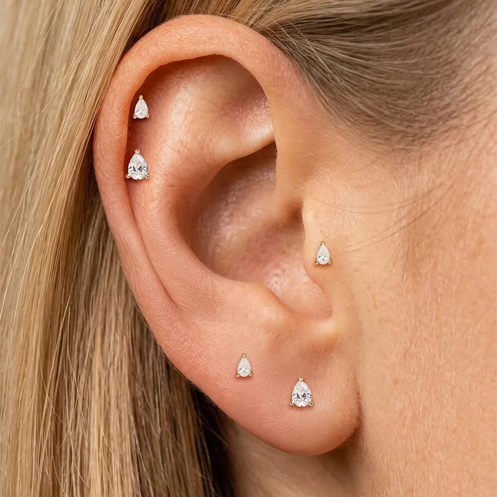 ROXI 1PC 14K Solid Gold Mini Large Pear CZ Flat Back Cartilage Piercing Earring 5/6/8mm Classic Solitaire Ear Jewelry For Women