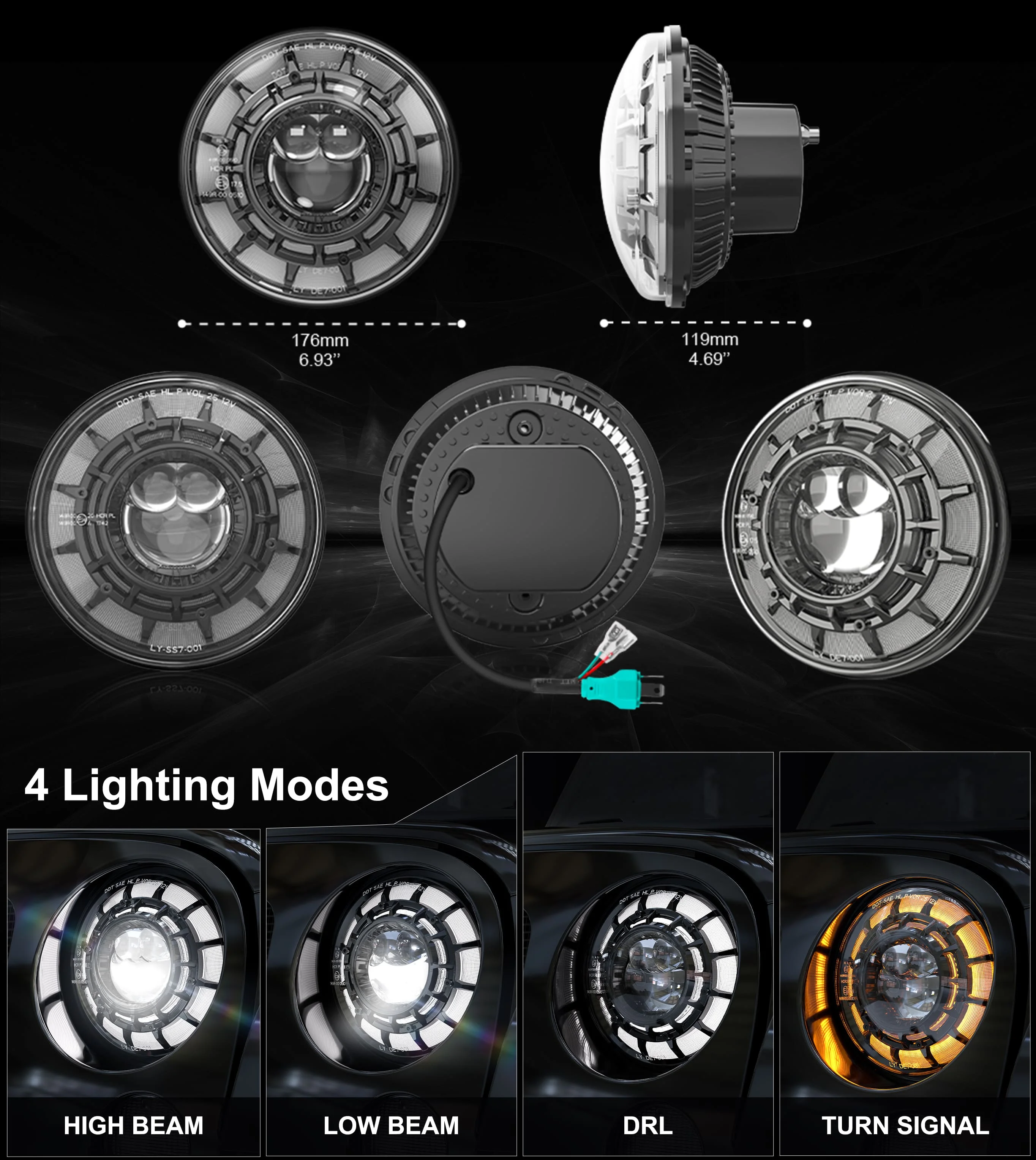 Hot selling;7 Inch Round High Low Beam LED Headlight Angle Eyes DRL Amber Turn Singal LED Headlights for