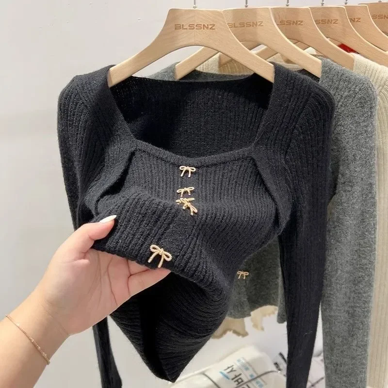 

French Slim Square Neck Bottoming Sweater Spring New Design Top Western Style Long Sleeve Short Sweater