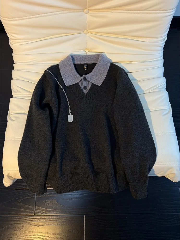 

Винтажный мужской вязаный свитер с имитацией двухслойности, воротником-рубашкой и цветовыми блоками, осенне-зимняя верхняя одежда, мягкий, свободный крой, классический стиль