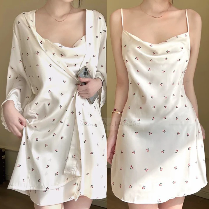 Summer Women Nighty&Robe Nightgown Set Sleepwear Print Flower Bathrobe Gown Nightdress Loose Silk Satin Home Wear Loungewear