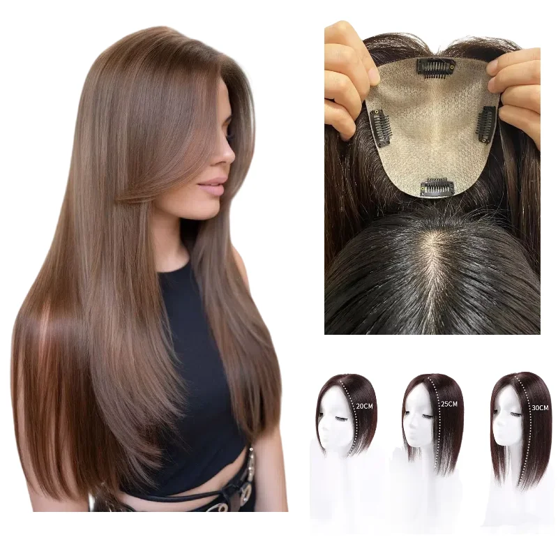 قطعة شعر نسائية قاعدة حريرية 100% شعر بشري الجزء الأوسط 25 سنتيمتر 30 سنتيمتر 35 سنتيمتر جاهزة للارتداء لا صالون