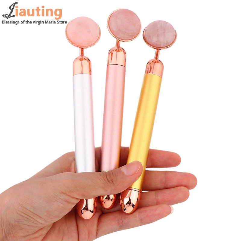 Natural Stone Rose Gold Electric Roller Original Amethyst Quartz Jade Big Frequency Eye Massage Face Care Neck Detox Beauty Tool
