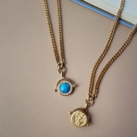 UBESTNICE Real 18K Solid Yellow Gold Jewelry AU750 Natural Gemstone Opal Athena Double Sided Coin Pendant Link Chain Necklaces
