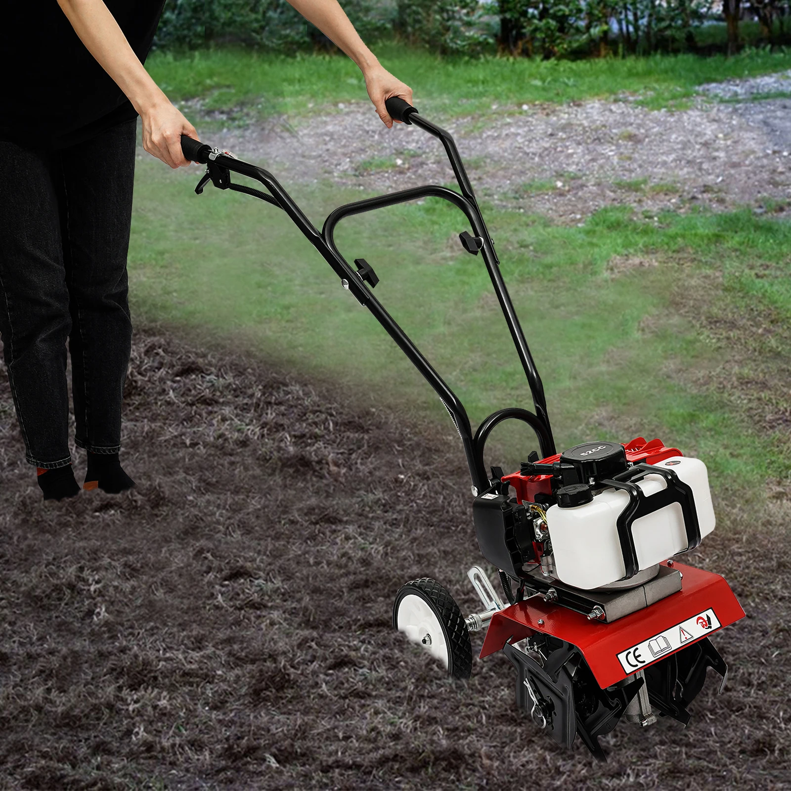 

52CC Garden Tiller Gasoline1.9KW 2-stroke Mini Gasoline Engine Tiller Wheel Drive Farm Tiller with Safe Handle 5cm Tiller Width