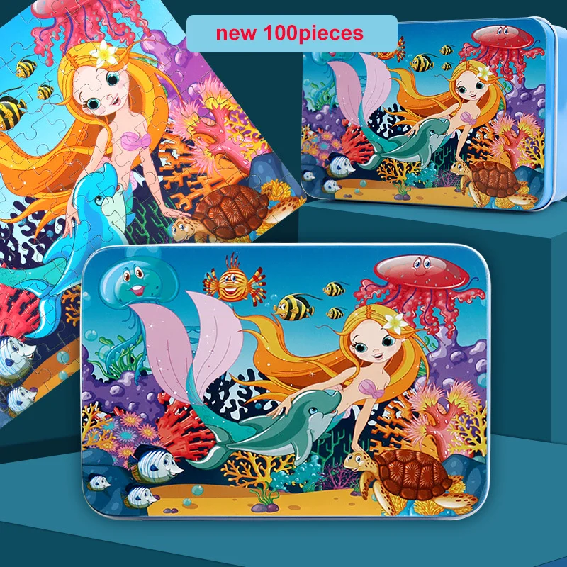 Cartoon Mermaid Wooden Jigsaw Puzzles para crianças, Dinosaur Puzzle Brinquedos para crianças, sereia, princesa, novo, 100 pcs