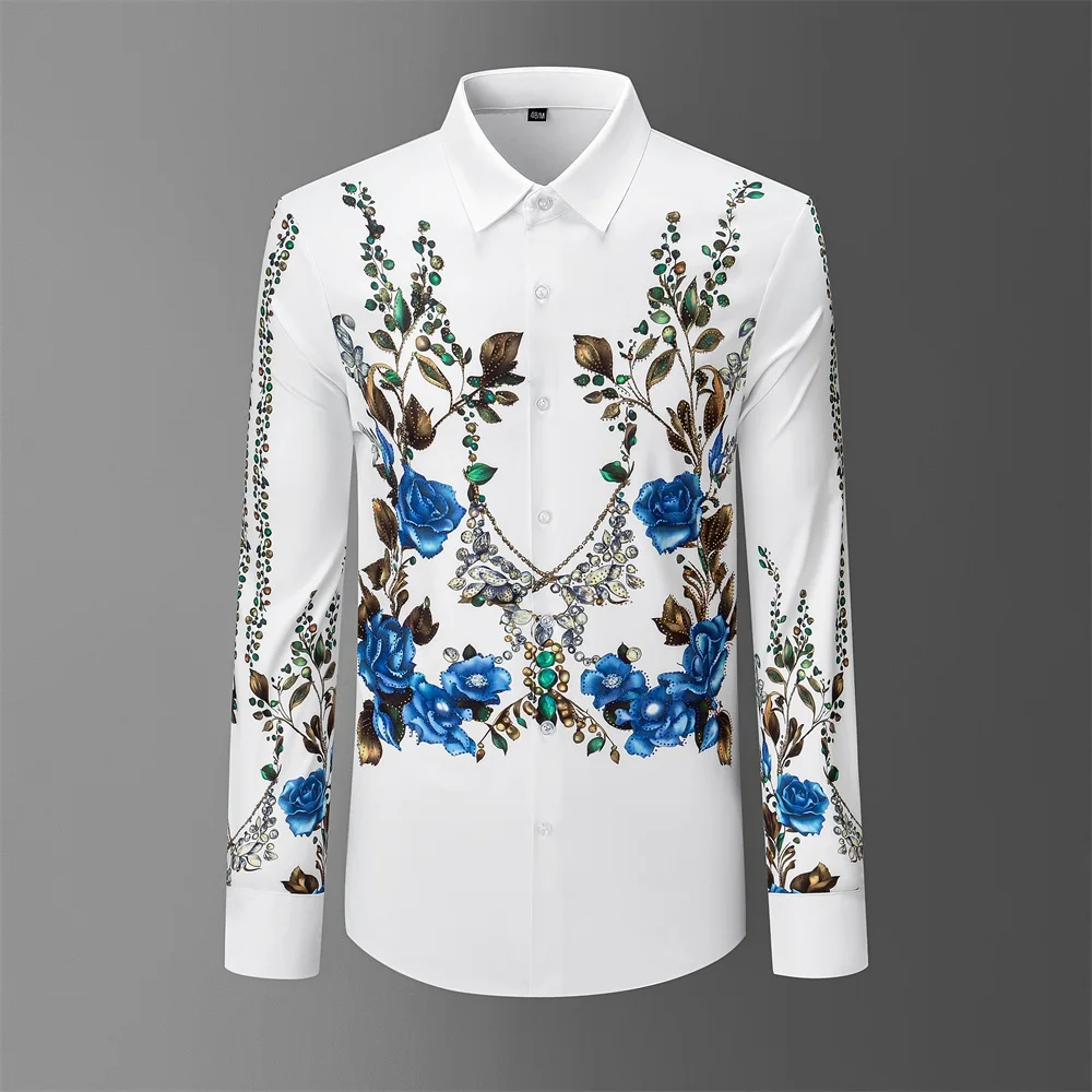 

Brand Floral Rhinestone Decorated Shirt for Men Long Sleeve Casual Shirts Social Banquet Party Celebrity Stage Performance Shirt