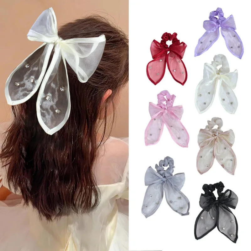 

1pcs Sheer Tulle Bow Scrunchies Women Rhinestone Accents Trendy Accessory Chic Stylish Hair Ties Girls Headwear Daily Hairstyle