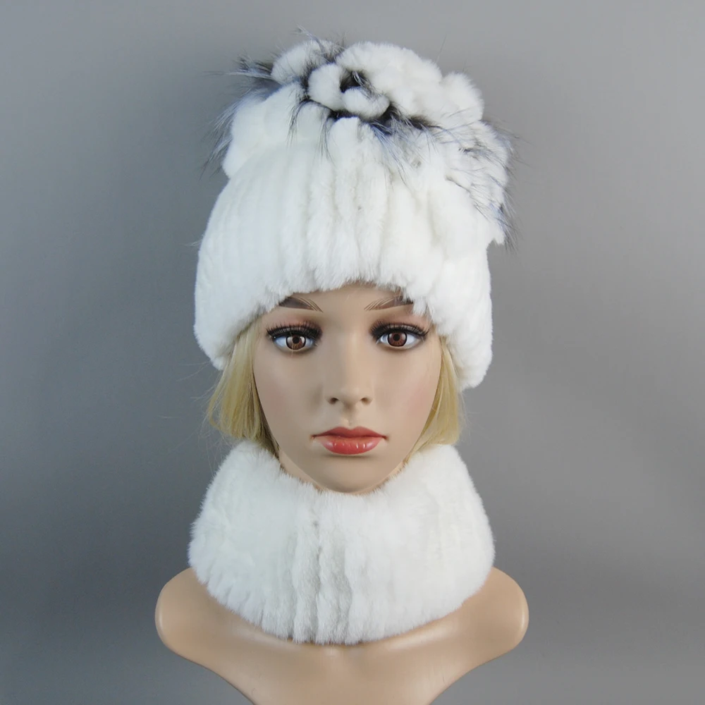 2024 Brand Women Genuine Rex Rabbit Fur Hats Winter Rex Rabbit Fur Beanies Striped Top Flower Fox Fur Warm Real Fur Knit Caps