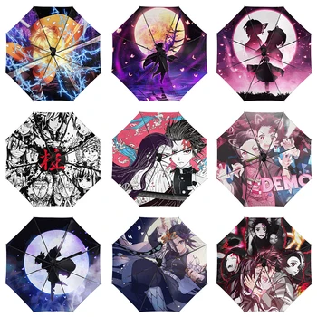 Anime Demon Slayer printed umbrella rain women automatic umbrella three folding sunscreen umbrella men's portable umbrella