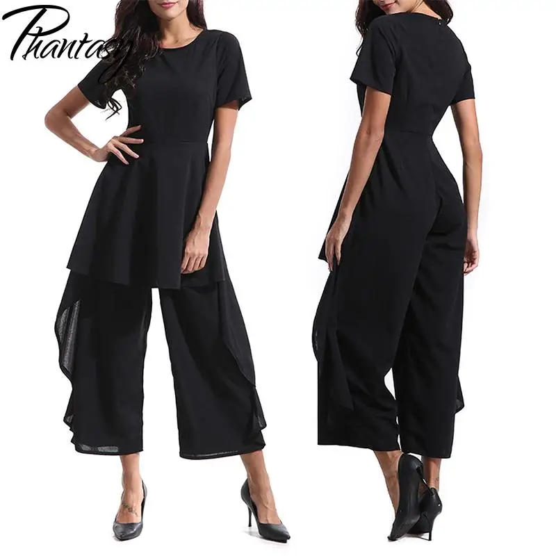 Phantasy Fashion Office Lady Jumpsuit Elegant Slim Wide Legs Jumpsuit Women Black Bodysuit Short Sleeve Romper Casual Streetwear