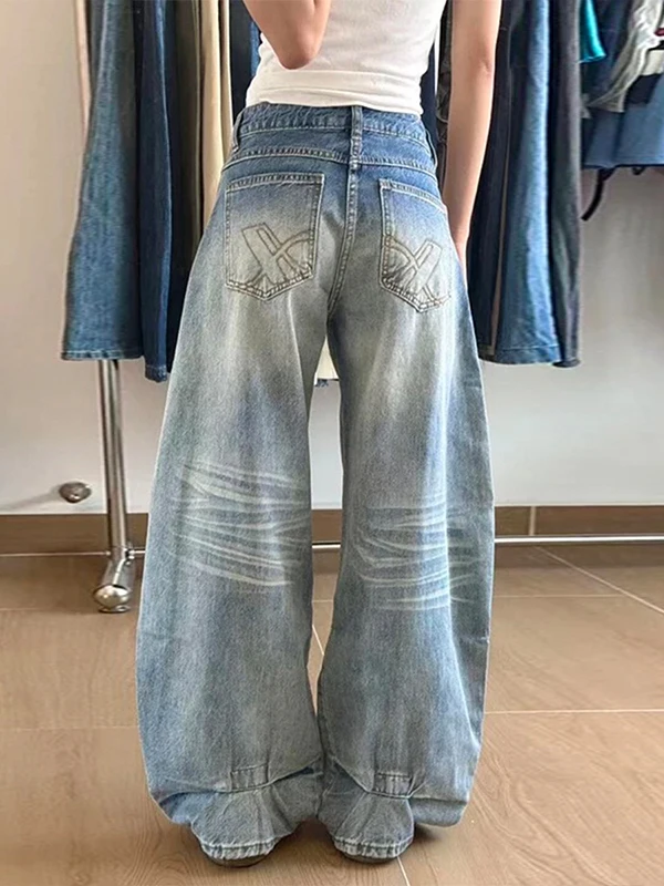 

Джинсы женские с высокой талией, широкими штанинами и вышивкой, свободные, стройнящие, с эффектом драпировки, длиной в пол, больших размеров