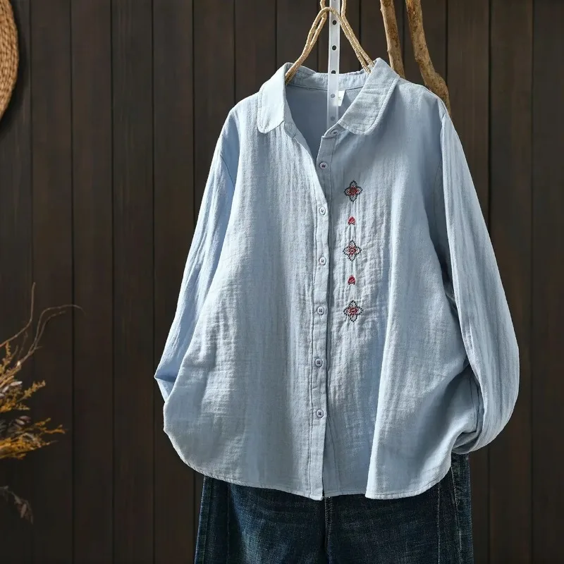 Women Doll Collar Embroidery Cotton Shirt Loose Literary Style Long Sleeve Spring Casual Blouse Tops