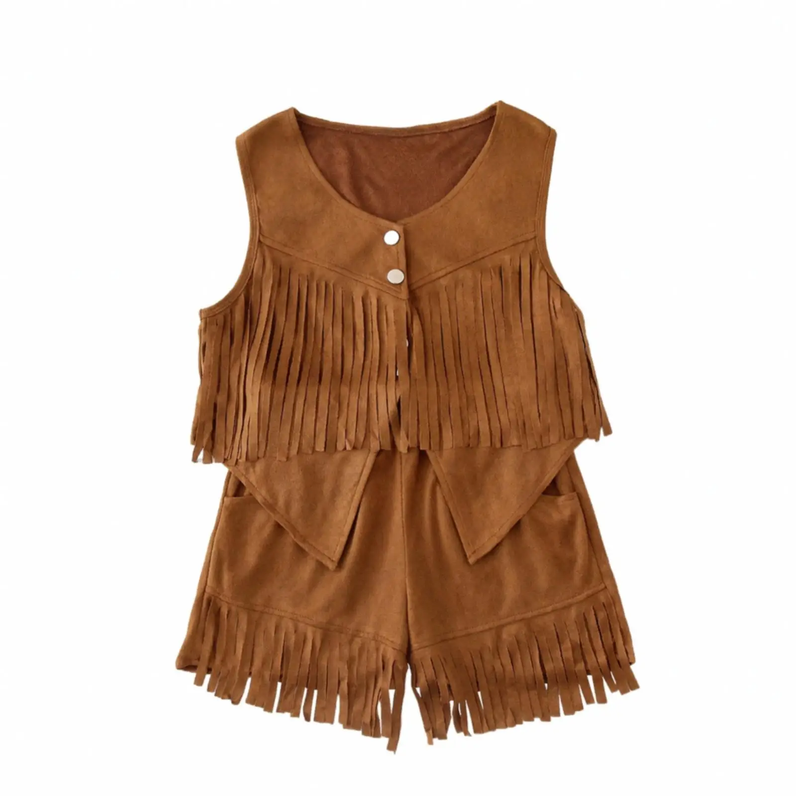 Western Fringe Vest Costume Set Brown Kids Western Dress-Apparel Soft Fringed Dance Costume for Child Dancers, Festival