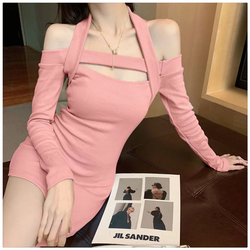 Hot Girl Halter Neck Hollow Out Dress Women Long-sleeved Tight Wrapped Hip short Dresses Fashion Female Dress Women Free Shiping