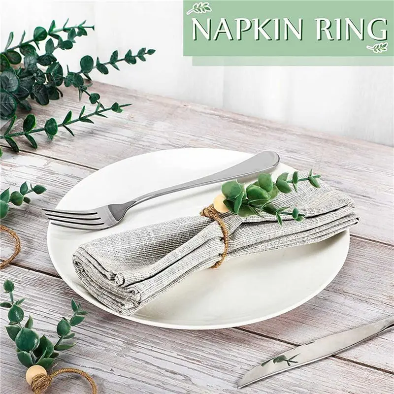AB47-24 Pieces Eucalyptus Napkin Rings Handmade Wooden Beads Home Decor Faux Greenery Napkin Holders For Weddings,Party,Etc
