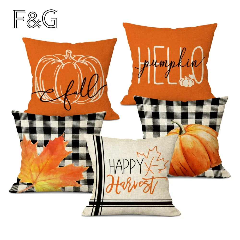 Autumn Thanksgiving Decorations Throw Pillowcase Pumpkin Orange Striped Linen Pillow Cover Home Holiday Decor Cushion Cover