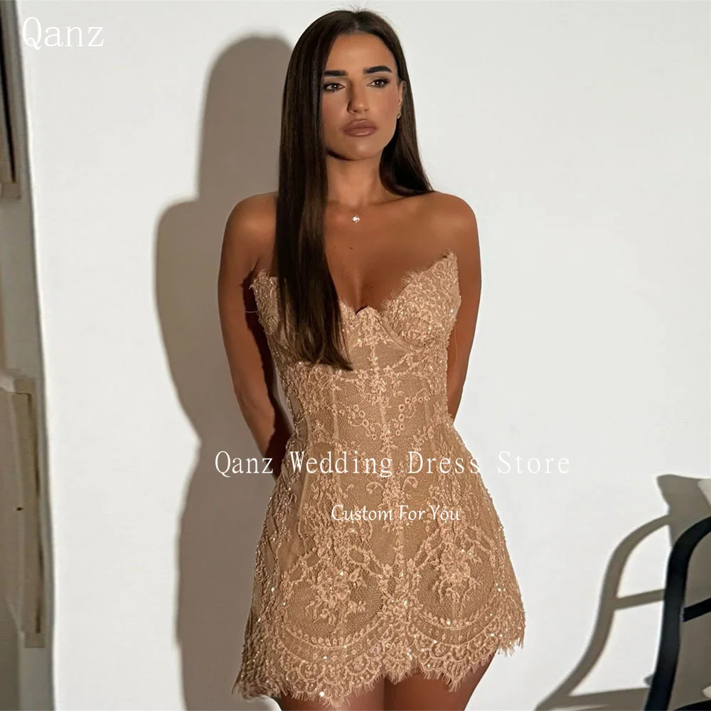 

Qanz Champagne Lace Appliques Prom Dresses Mini Birthday Party Gown Sweetheart Short Sexy Women Robes De Cocktail Customized
