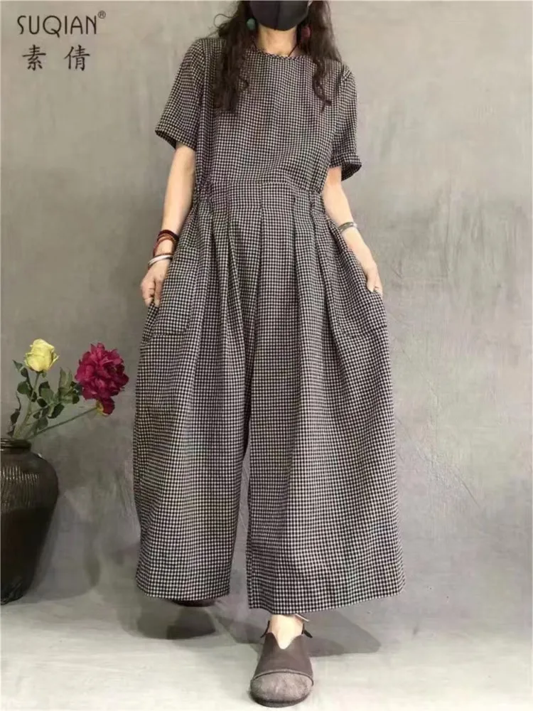 بدلة قفز صيفية كبيرة الحجم منقوشة مطبوعة بدلة قفز نسائية غير رسمية فضفاضة ذات ثنيات واسعة الساق بدلة قفز نسائية طويلة