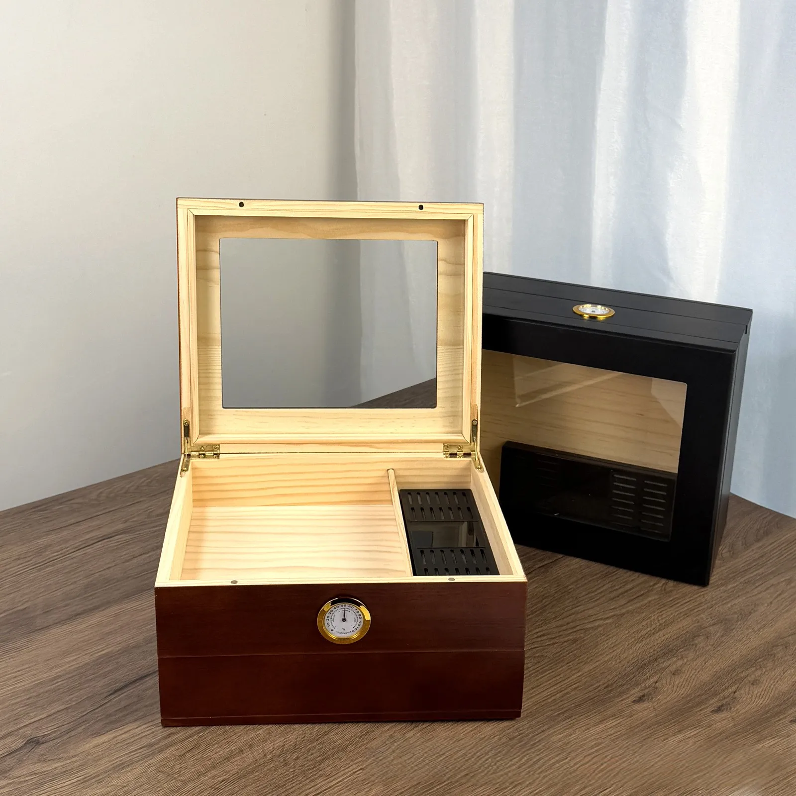 مرطب سيجار خشبي قابل للطي مع مقياس رطوبة، صندوق تخزين مكتبي مكون من طبقتين، خيارات ألوان باللون الأسود والبني #6