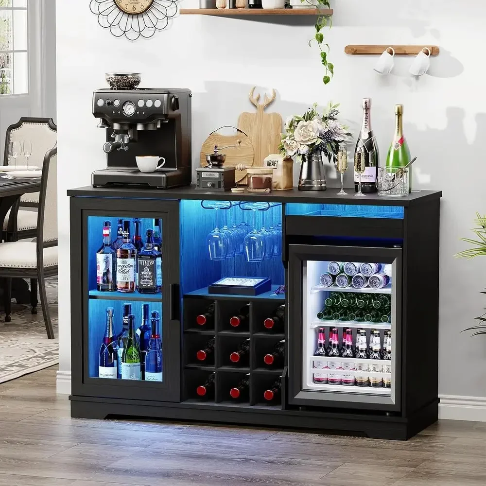 

Large LED-lit Liquor Cabinet with Glass Holder, Wine Rack, and Human Body Sensor in Black for Home