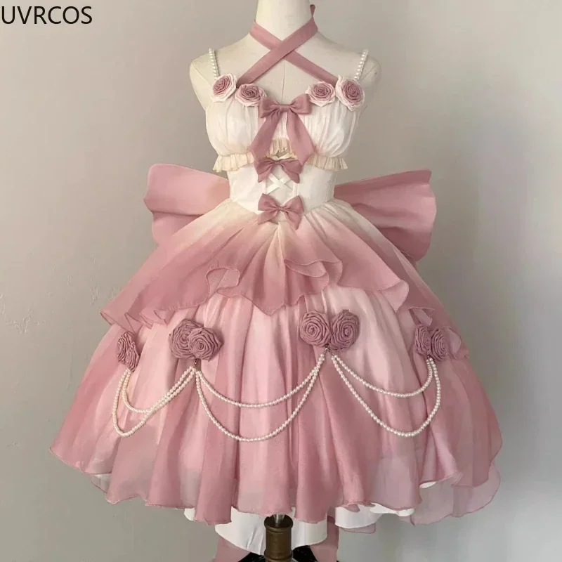 Vestido Lolita vitoriano retrô feminino, laço elegante, corrente de pérolas, babados, vestidos de rosa gradiente kawaii vestido de princesa rosa