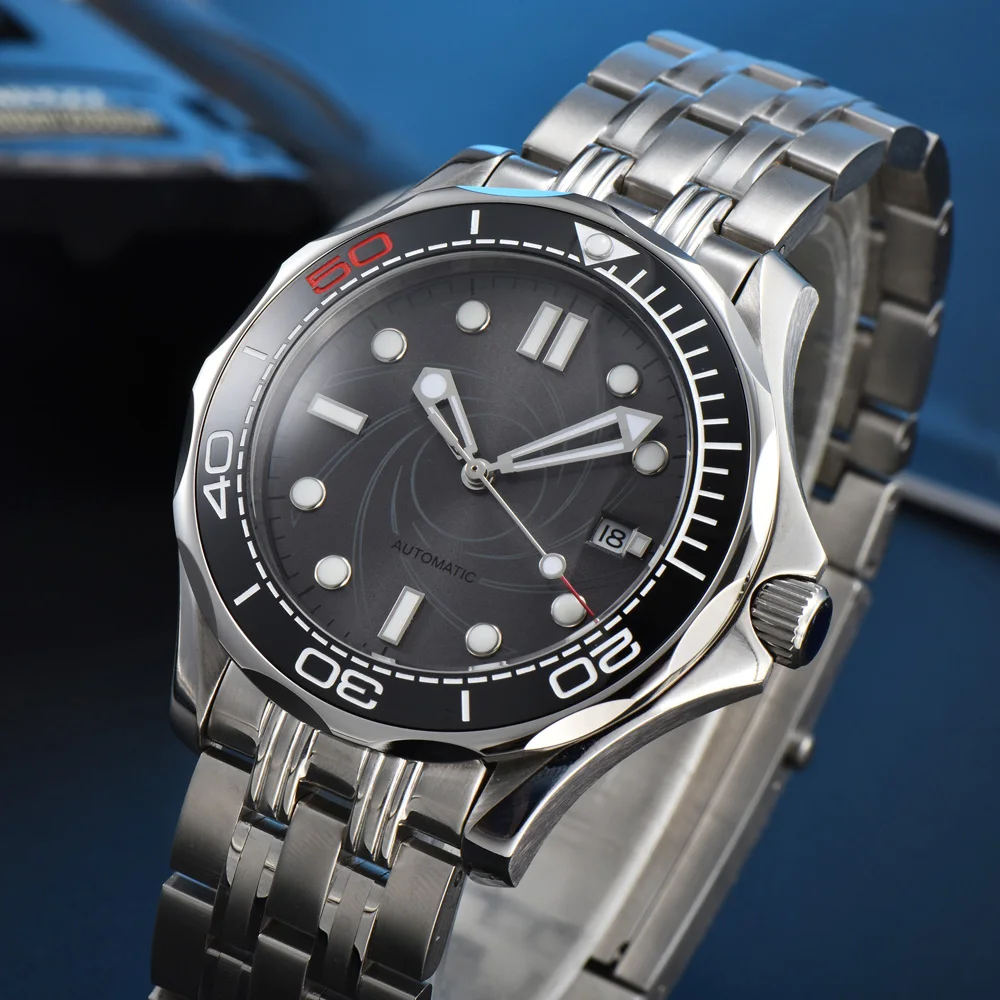 New Automatic Mechanical Watch for Men Dive 41mm Black Spiral Dial High Hardness Mineral Stainless Steel Glass 8215 Movement