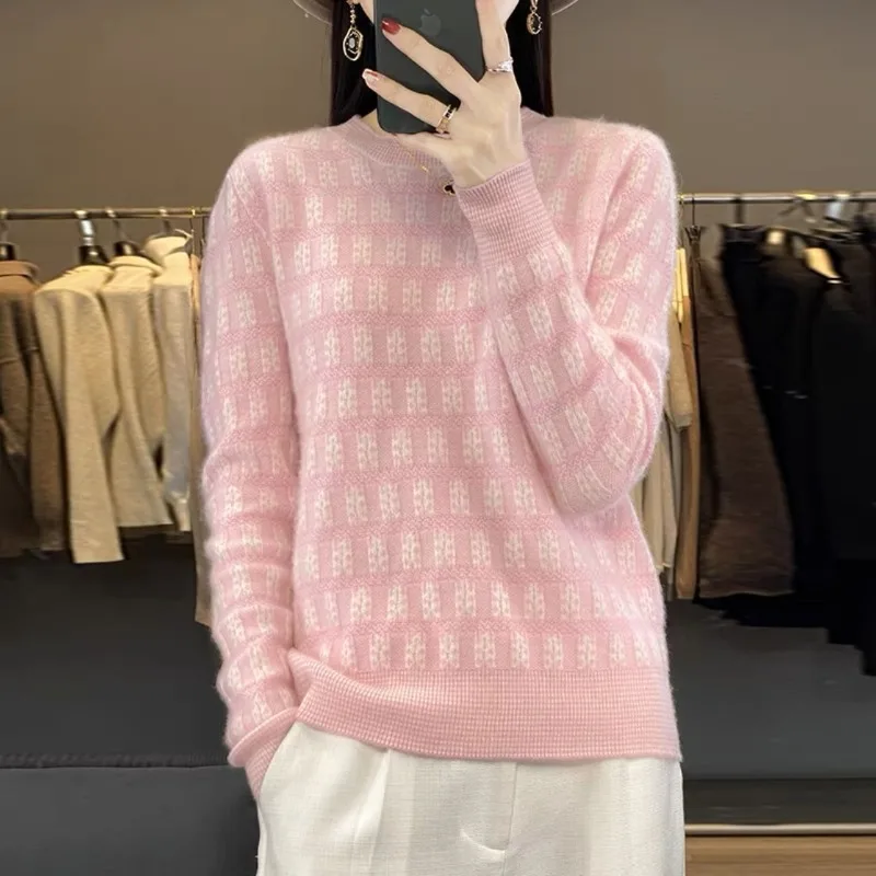 Autumn and Winter Women\'s Color Block O-Neck Long Sleeves Loose Knitted Pullovers Sweater Fashion Casual Commute Tops