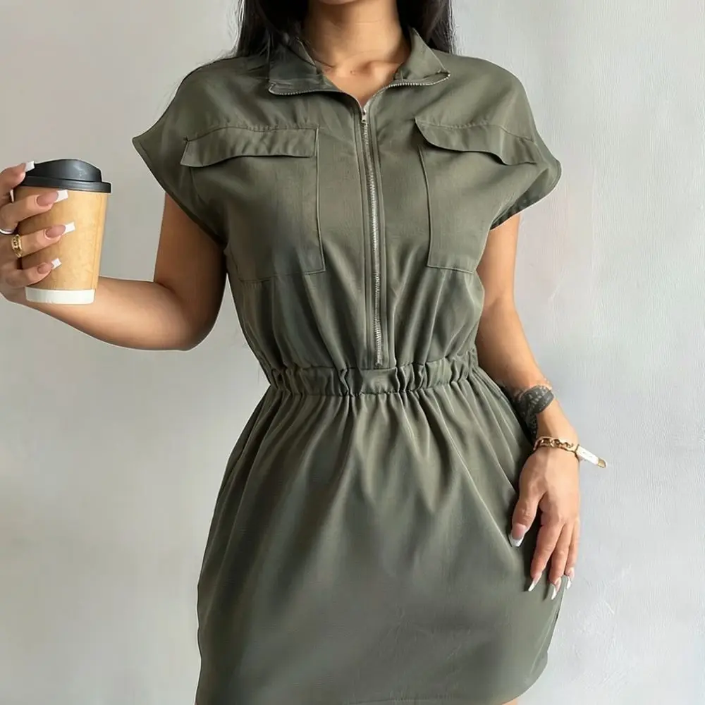 Womens Slim Fit Cargo Dress Short Sleeve Polo Collar Bodycon Mini Dresses Casual Utility Style Office Commuter Workwear