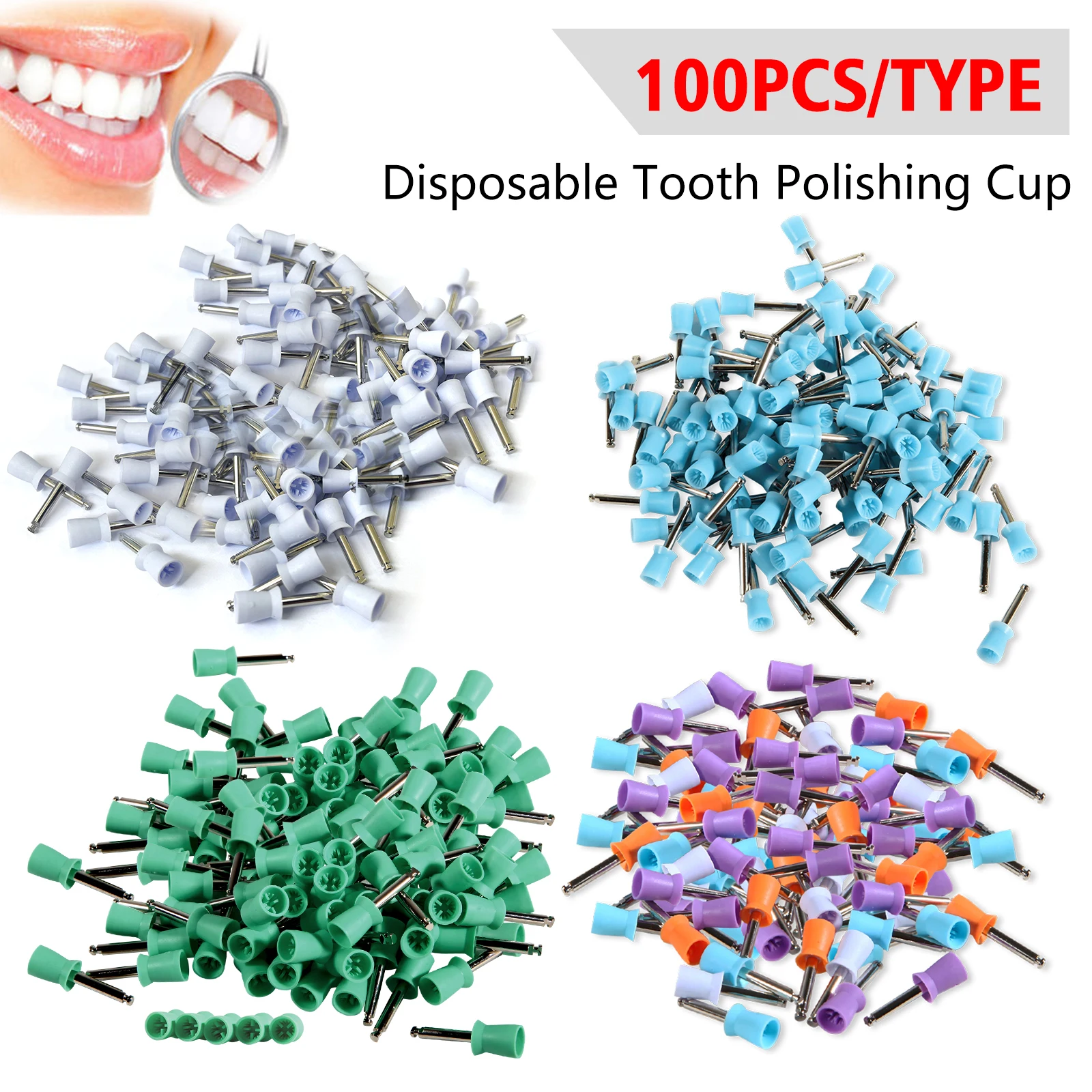 100pcs Dental Prophy Polishing Cup Cups Brushes Disposable Tooth Polishing Tapered Shape/ Point Spot For Contra Angle Latch type