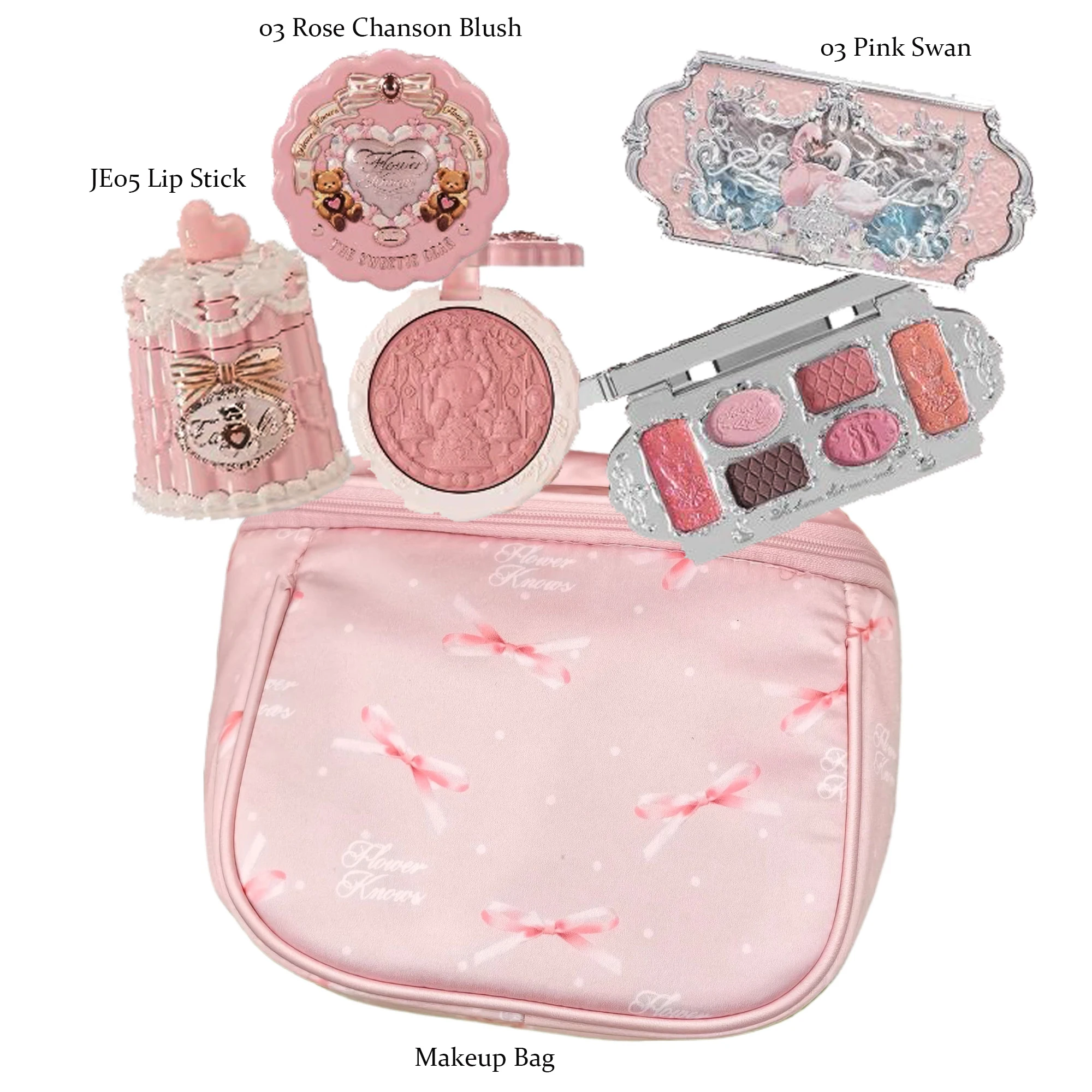 Coffret Cadeau Maquillage Tout-en-un Flower Knows : Fond de Teint Crème Coussin Jardin, Blush Mat, Rouge à Lèvres Velours Longue Tenue avec Pochette