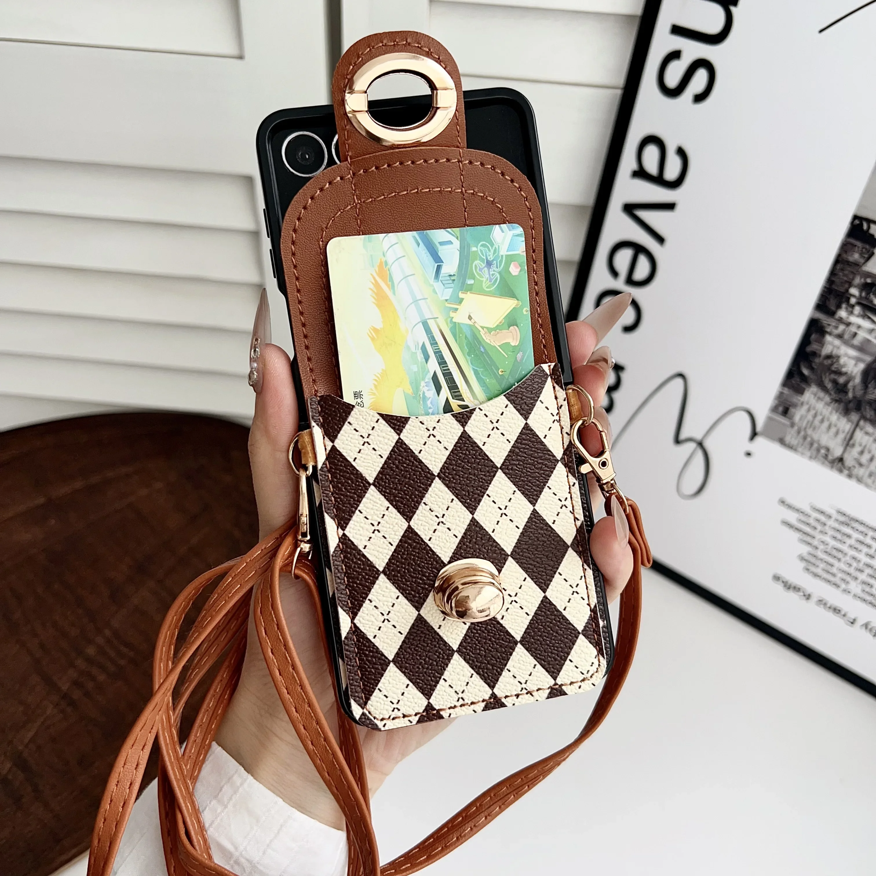 

Niche Sle Rhombus Pattern Card Bag Crossbody Chain Leather Phone Case For Samsung Galaxy Z Flip7 6 5 4 3 Anti-fall Protect Cover